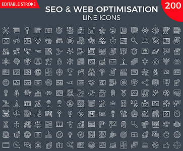 搜索引擎优化的细线图标集咨询营销编码地球博客监控支付插图商业电子图片