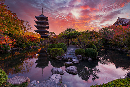 日落在日本京都秋天花园的托吉寺庙上图片