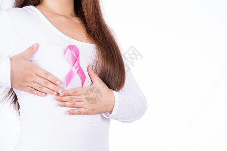 女性胸部上的乳腺癌意识丝带和在白色背景下隔离的自我检查 广告概念的医疗 保健检查帮助疾病外科女孩治疗手术组织药品预防图片