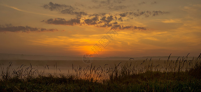 池塘海岸的黎明 池塘上的太阳照亮了早晨森林金子场景假期支撑薄雾日落阴霾地平线旅行图片