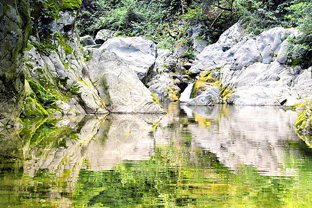小湖蓝色池塘绿色公园旅行反射天空森林石头岩石图片
