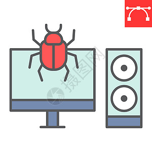 受感染的计算机彩色线图标 安全和 pc 病毒 计算机病毒攻击符号矢量图形 可编辑笔划填充轮廓图标 eps 10图片