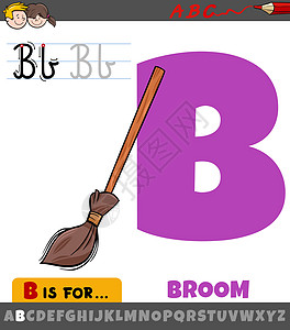 带有卡通扫帚对象的字母表上的字母 B图片