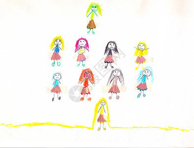 十个不同头发和裙子的女孩儿童画收藏彩虹朋友女性蓝色卡通片联盟孩子们标识友谊图片