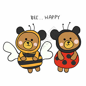 棕熊穿着蜜蜂和小青鸟甲虫卡通矢量插图图片