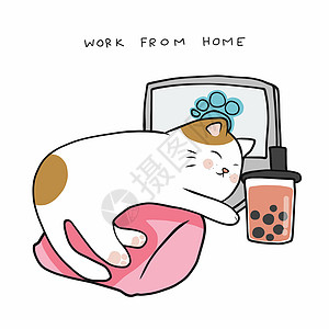 在家工作 睡在笔记本电脑上和喝冰泡奶茶卡通漫画矢量插图图片
