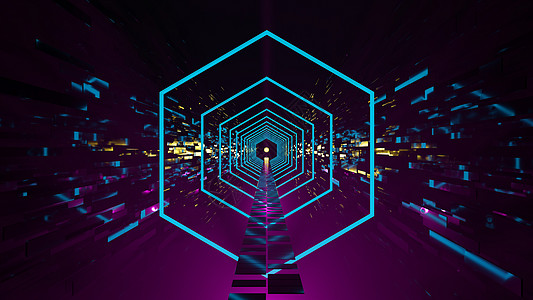 带有霓虹灯的未来派隧道六边形 合成波美学 数字 3D 渲染万花筒中心3d墙纸消失影像电脑速度门户网站青色图片