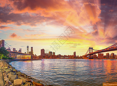 布鲁克林大桥和曼哈顿天线 纽约市全景商业城市日落地标场景市中心日出天际建筑学建筑图片