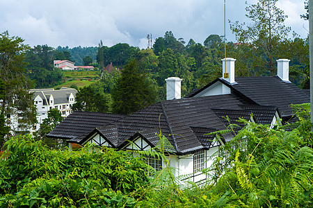在一个高山山区地区一个美丽的现代村庄 有清洁空气农场住宅旅游小屋奢华假期木头建筑学森林蓝色图片