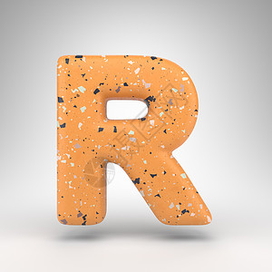 白色背景上的大写字母 R 带有橙色水磨石图案纹理的 3D 字母图片