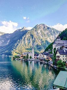 奥地利阿尔卑斯山著名哈尔施塔特山村的明信片景色 夏季阳光明媚 萨尔茨卡默古特地区 哈尔施塔特 奥地利房子反射房屋旅游世界假期旅行图片