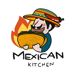 墨西哥厨房 logoman 与 taco 卡通矢量它制作图案图片