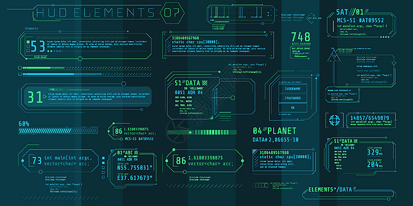 一套未来界面 HUD 文本元素电子产品插图用户造型网络数据标题显示器图表技术背景图片
