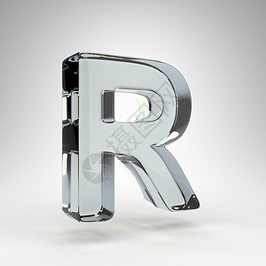 白色背景上的大写字母 R 带色散的相机镜头透明玻璃 3D 字母图片