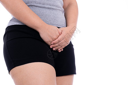 妇女用手握着她的小腿 忍受着痛苦的胃痛 孤立的白种背景 医疗 广告概念保健成人女士女性女孩月经腹胀便秘黑发疾病胃炎背景图片