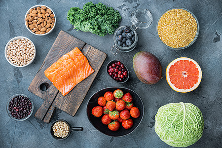 健康 平衡的饮食食物概念 平地 灰色背景图片