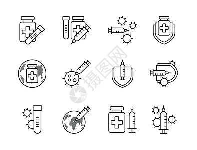 Covid-19疫苗图标设置大纲样式 Websit 印刷品 贴纸 标语 海报的签名和符号图片
