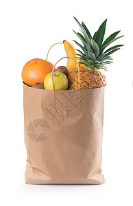 纸质杂货袋中的水果和蔬菜 在白色上隔绝叶子市场面包购物芹菜洋葱生产杂货店条款营养图片