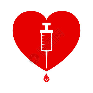 有疫苗下落的心脏和注射器  covid-19 疫苗接种或献血的象征 在白色背景上隔离的矢量图标图片
