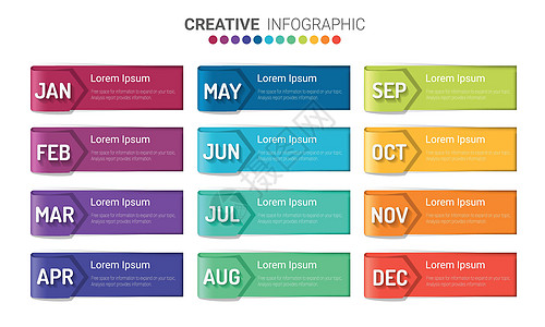 12 个月的演示业务信息图表模板日程顺序插图年度时间报告推介会数据数字网络图片