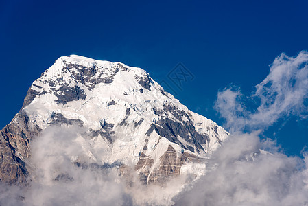 Annapurna 南部山峰 尼泊尔蓝天空背景假期辉光天空远足顶峰爬坡首脑森林地标旅行图片