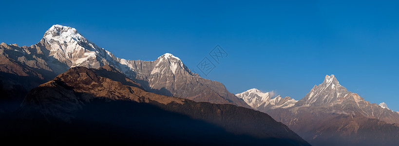 尼泊尔清蓝天空喜马拉雅山山脉全景自然景观尼泊尔鱼尾吸引力高度顶峰首脑远足旅游日落地标森林图片