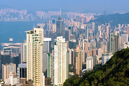 香港市中心从维多利亚峰的著名城市景观视图在香港著名的观点日落首都地标电影天线灯泡天际码头建筑旅行图片