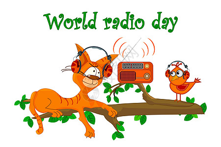 猫耳耳机猫和鸟与孤立在白色背景上的收音机 树枝上有鸟儿听音乐的可爱猫设计图片