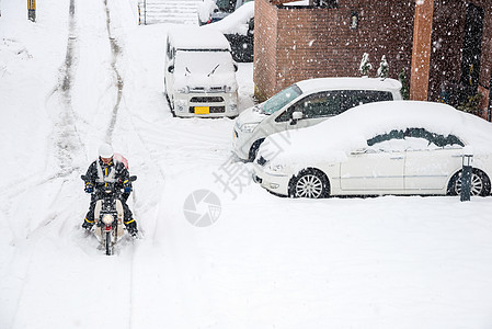 雪地自行车日本河口湖冬季新白雪飘落场景天空下雪吸引力植物公园森林叶子橙子背景背景