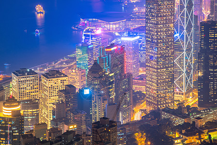 香港市中心著名的香港天际线城市景观在黄昏时分从香港维多利亚峰看建筑港口摩天大楼经济商业场景首都建筑学顶峰日落图片