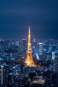 三十晚上熬一宿东京塔和东京城市景色的空中观察 从罗蓬吉山在晚上摩天大楼吸引力天际办公室日落观光蓝色建筑学场景景观背景