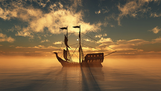 海上夕阳下的旧船海洋船舶蓝色太阳运输舰队航行帆船插图反射图片