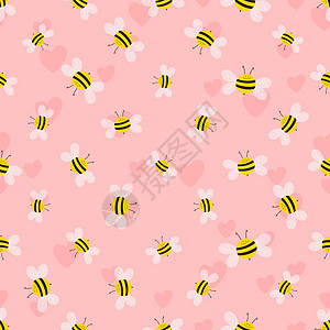 与蜜蜂和心在彩色背景上的无缝模式 小黄蜂 矢量图 可爱的卡通人物 邀请卡纺织面料的模板设计 涂鸦风格艺术绘画漫画墙纸动物翅膀卡通图片