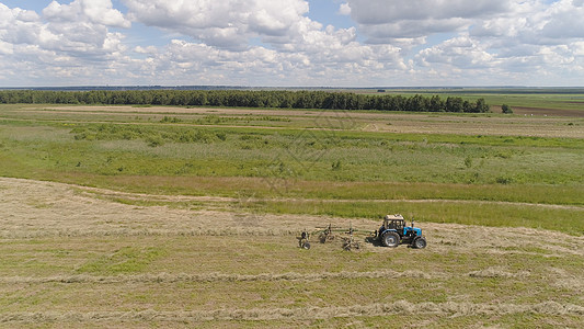 农场田地上拖拉机上有雷克牛排乡村场地干草农村机械土地收成农民农业车轮图片