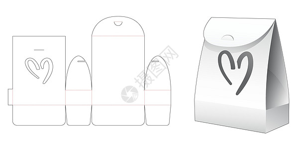 带心形窗模切模板的纸板包装袋蓝图礼物产品食物糖果插图枕头商品商业贮存图片