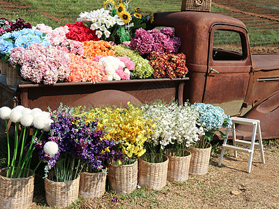装饰老旧旧车的维杰篮子中的假花彩色花朵装潢风格花束植物群柳条图片