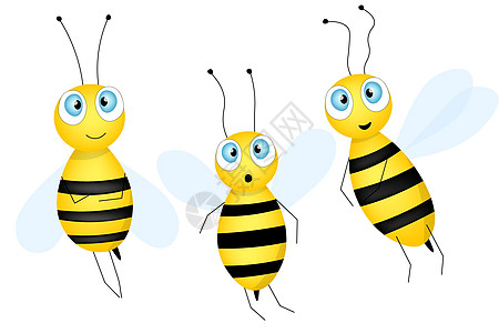 一套卡通可爱的蜜蜂吉祥物 一只小蜜蜂飞来飞去 黄蜂集合 矢量字符 昆虫图标 邀请函 卡片 壁纸 幼儿园的模板设计 涂鸦风格微笑插图片