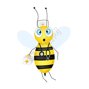 卡通可爱的蜜蜂吉祥物 医生蜜蜂与医疗器械 小黄蜂 矢量字符昆虫图标 请柬 贺卡 墙纸 幼儿园的设计模板 涂鸦风格图片
