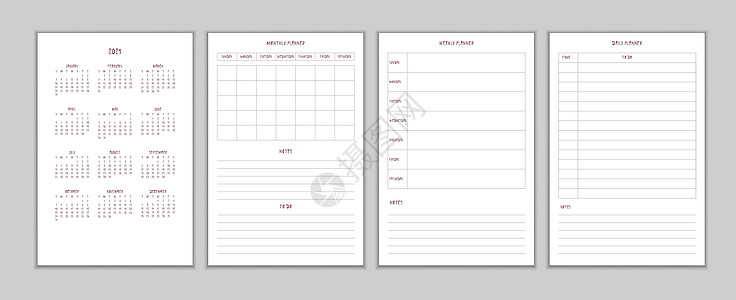 2021 年日历每日每周每月个人计划日记模板采用极简少女风格 组织者笔记本的月历个人日程限制设计 星期从周日开始图片