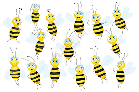 大套卡通可爱的蜜蜂吉祥物 一只小蜜蜂飞来飞去 黄蜂集合 矢量字符 昆虫图标 邀请函 卡片 壁纸 幼儿园的模板设计 涂鸦风格大眼睛图片
