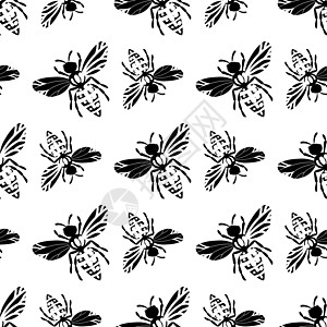 与蜜蜂剪影在白色背景上的无缝模式 可爱的卡通黄蜂角色 邀请函 卡片 纺织品 织物的模板设计 平面样式 矢量库存插图荒野熊蜂艺术圆图片