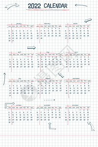 2022 日历周计划表和待办事项列表 手绘字体类型文本和元素学校笔记样式方格笔记本表与线条箭头和框架背景图片