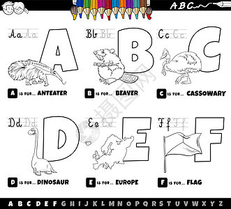 教育卡通字母设置从 A 到 F 彩色书页动物彩书工作卡通片食蚁兽幼儿园旗帜收藏海狸孩子们背景图片