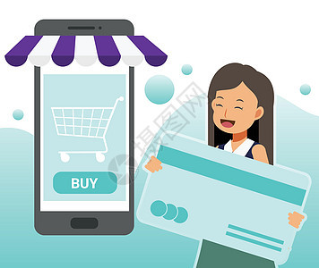 女人拿着信用卡 微笑着用手机在线购物 在线购物概念电子商务 它制作图案的平面矢量卡通人物图片