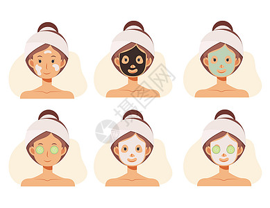 平面卡通人物矢量插图女性面孔与面部护理 面部皮肤护理 粘土面膜海藻酸盐面膜图片