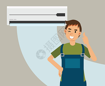 空调服务和维修的矢量平面卡通插图 修理工修完空调后竖起大拇指图片