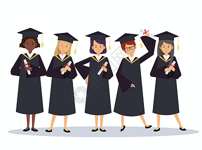 Woamn 女孩组快乐微笑的毕业生穿着毕业礼服 手里拿着文凭 矢量插图概念毕业典礼卡通风格图片