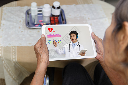 老年妇女坐在家中 在平板电脑上与医生进行在线咨询 b 老年妇女卫生视频护士成人服务电话疗养院门诊保健药品图片