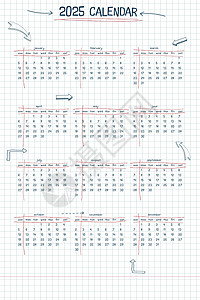 2025 日历周计划和待办事项列表 手绘字体类型文本和元素学校笔记样式方格笔记本表与线条箭头和框架背景图片