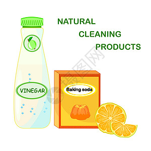 天然清洁产品 在白色背景下分离的醋柠檬小苏打图片
